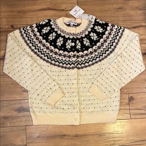 Cottagecore Cream Fair Isle Button-Up Cardigan with Black & Navy Yoke